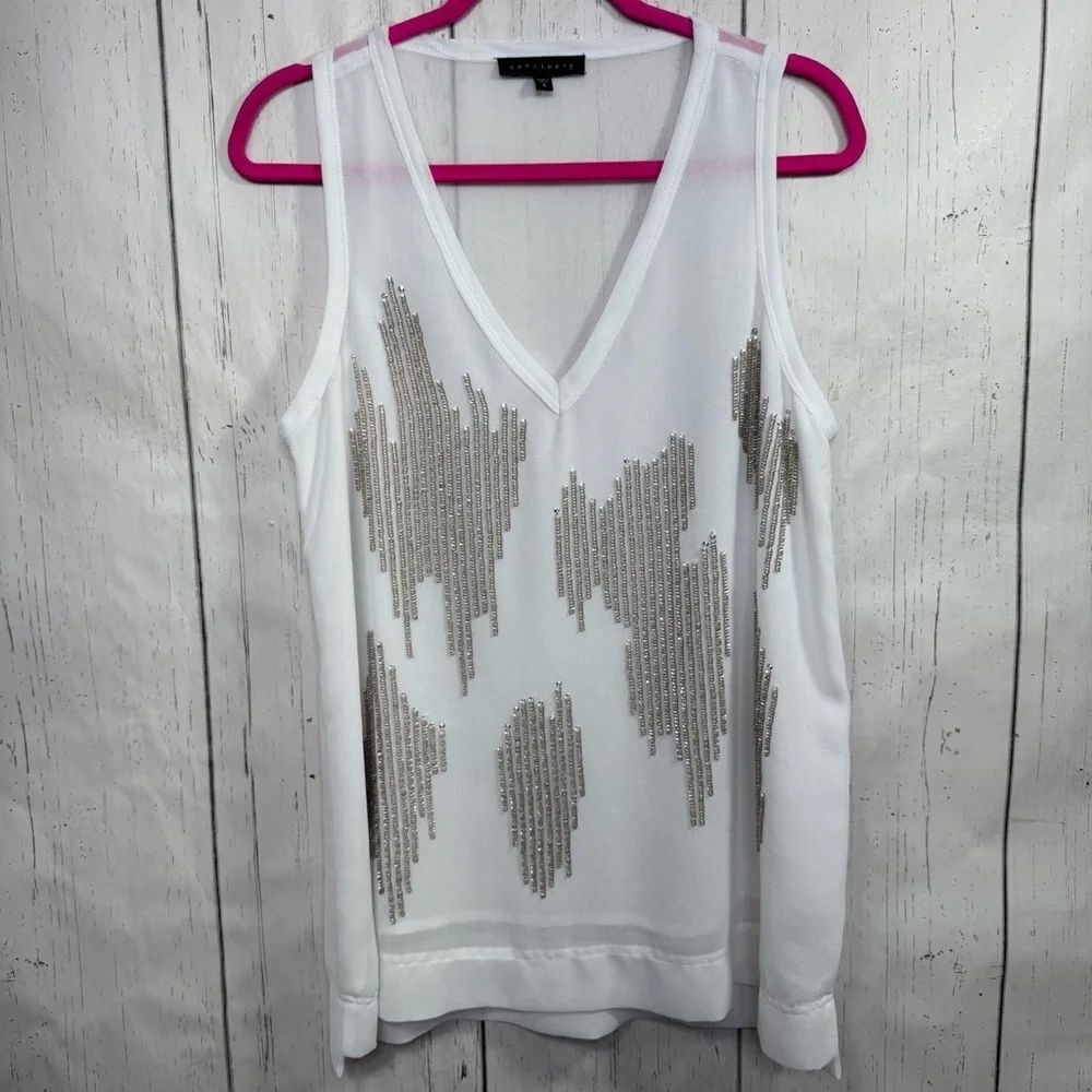 Sanctuary White Sequin Embellished V Neck Sleeveless Blouse Minimalist Glam